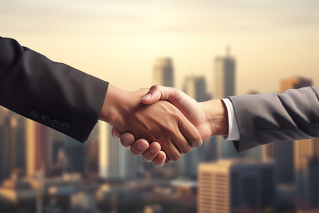 Business handshake against the background of city buildings - Generative AIの素材