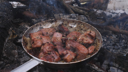 Juicy, flavorful meat sizzles in a hot pan over an open fire, capturing the essence of outdoor cookingの写真素材