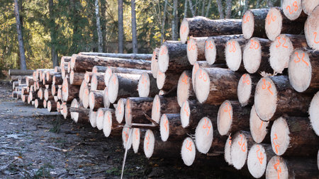 Stacked Timber Logs Present in a Natural Environment Surrounded by Lush Greenery and Nature,