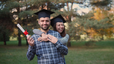 The Celebration of Graduation Joyful Moments Experienced in Beautiful Nature Surroundingsの写真素材
