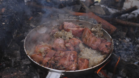 Rustic and traditional cooking over a delightful campfire featuring meat and rice dishesの写真素材