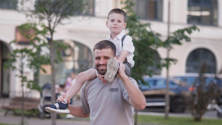 Cherished Moments A Father and His Son Enjoying a Beautiful Day Out Together in Natureの写真素材