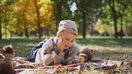 A Child Enjoying Reading on a Cozy Blanket in an Autumn Park Full of Colorful Leavesの写真素材