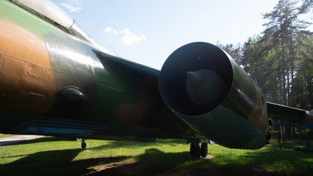Vintage Soviet Aircraft on Display in a Forest Setting in Russia Reflecting the Historical Legacy of the USSR Military Aviationの写真素材