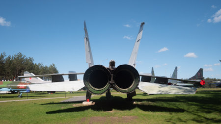 USSR MiG Fighter Jet Displayed Outdoors at a Military Museum in Russia Showcasing Vintage Aircraft...