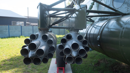 Military Helicopter Rocket Pods Displayed Outdoors Showcasing Vintage Soviet Design and Engineering From the USSR Era in Russiaの写真素材