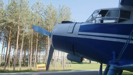 A vintage biplane stands stationary beside a lush green forest, highlighted by bright sunlight and clear skies, showcasing its classic design and propeller.の写真素材