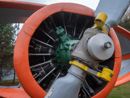 classic aircraft details, old radial engine with patina, vintage aircraft radial engine showcasing...