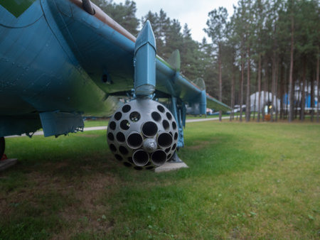 spherical rocket pod silhouette contrasted with pine trees under muted cloudy light in outdoor...