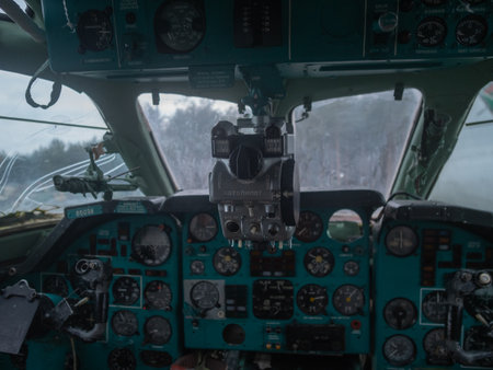 aviation cockpit scene, airplane cockpit with scenic view, piloting with panoramic horizon and instrumentsの写真素材