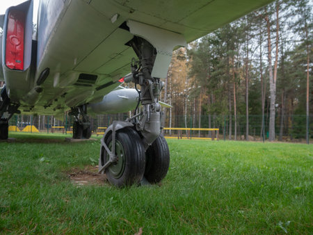 rustic museum setting showcasing detailed aircraft landing gear wheel and accessories under cloudy skyの写真素材