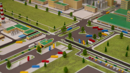 Miniature urban logistics hub model showing intersection and transport flow, planner mapping routes,...