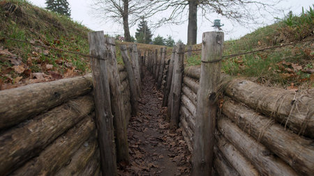 abandoned trench beneath gloomy sky, remnants of wartime echo in damp earth and overcast environmentの写真素材
