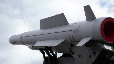 Weapon System Mounted on Launcher Prepared for Deployment During Military Operations in a Conflict...