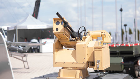 Military Weapon System Showcasing Advanced Technology at a Defense Exhibition in 2023, Highlighting...