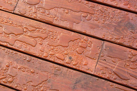 Pooled water on finished deck with wood grainの写真素材