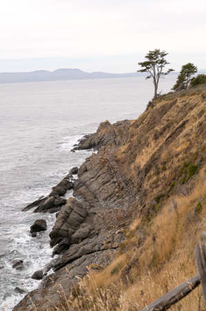 Coastline along the souther tip of Chile with the straits of Magellen in the backgroundの写真素材