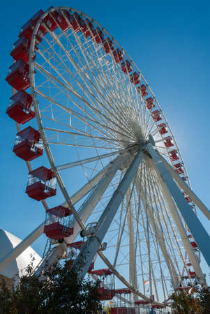 Detail of the ferris wheel at the Navy Pier in Chicago with beautiful clear blue sky in the background.のeditorial素材