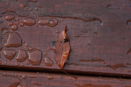 Pooled water on finished deck with woodgrain. Excellent background for illustrating construction or resilience.の写真素材