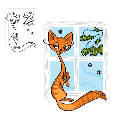  Illustration of cute red cat  in color and outline, on background. のイラスト素材