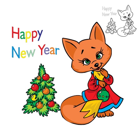 Illustration of cute fox in a dress and Christmas tree  in color and outline, isolated on background. のイラスト素材