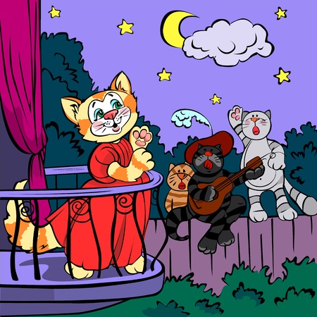 Three singing cats, vector drawing; on background のイラスト素材