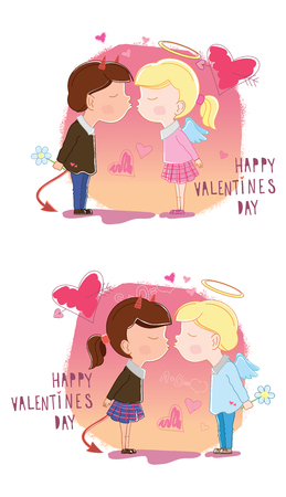 Valentines Day. Girl and boy kisses. Vector illustrationのイラスト素材
