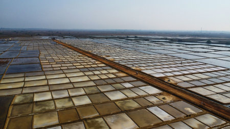 Arial drone view of salting harvesting farm in India salt production from sea waterの写真素材