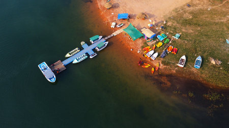 Arial drone view speed boats and yatch in harbor HDの写真素材