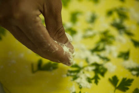 Human Hands making Raw and dry capeletti pasta on kitchen tableの写真素材