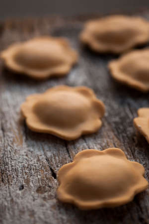 Round shape Raw Pasta and flower close up details shotsの写真素材