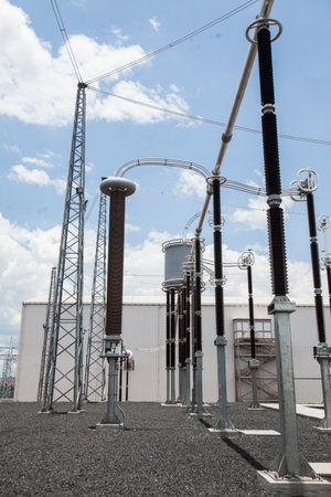 Industrial Power Lines and High Voltage Lines Electricity. high quality photoの写真素材