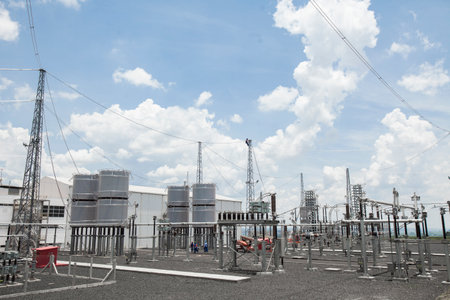 Industrial Power Lines and High Voltage Lines Electricity. high quality photo