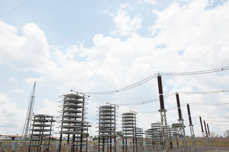 Industrial Power Lines and High Voltage Lines Electricity. high quality photo