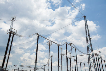 Industrial Power Lines and High Voltage Lines Electricity. high quality photoの写真素材