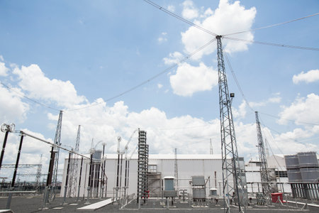 Industrial Power Lines and High Voltage Lines Electricity. high quality photoの写真素材
