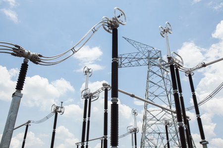 Industrial Power Lines and High Voltage Lines Electricity. high quality photoの写真素材
