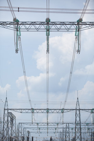 Industrial Power Lines and High Voltage Lines Electricity. high quality photoの写真素材