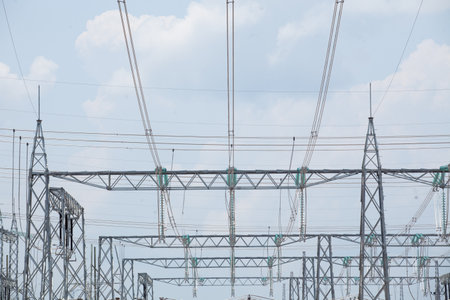 Industrial Power Lines and High Voltage Lines Electricity. high quality photoの写真素材