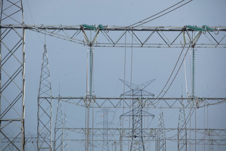 Industrial Power Lines and High Voltage Lines Electricity. high quality photoの写真素材