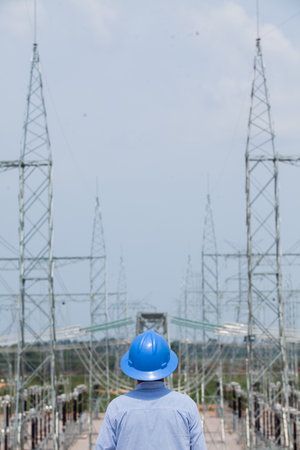 Industrial Power Lines and High Voltage Lines Electricity. high quality photoの写真素材