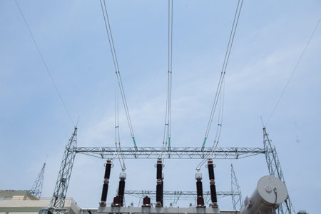 Industrial Power Lines and High Voltage Lines Electricity. high quality photo