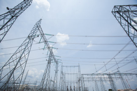 Industrial Power Lines and High Voltage Lines Electricity. high quality photoの写真素材