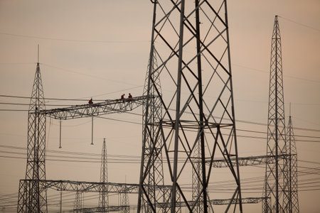 Industrial Power Lines and High Voltage Lines Electricity. high quality photoの写真素材