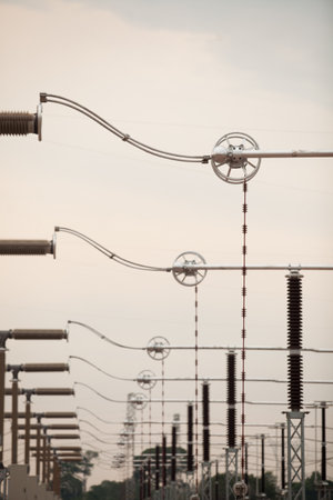Industrial Power Lines and High Voltage Lines Electricity. high quality photoの写真素材