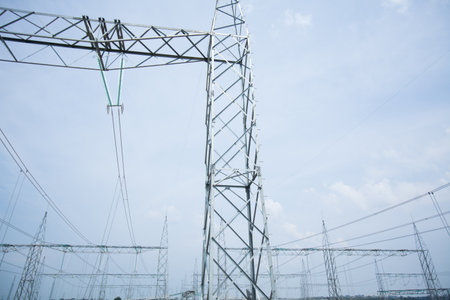 Industrial Power Lines and High Voltage Lines Electricity. high quality photoの写真素材