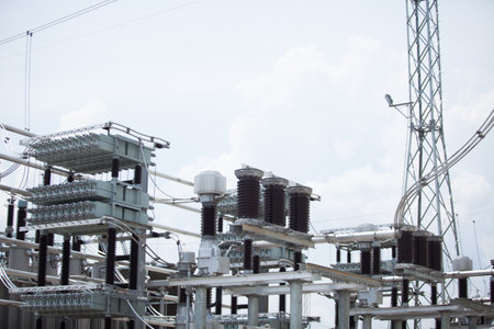 Industrial Power Lines and High Voltage Lines Electricity. high quality photoの写真素材