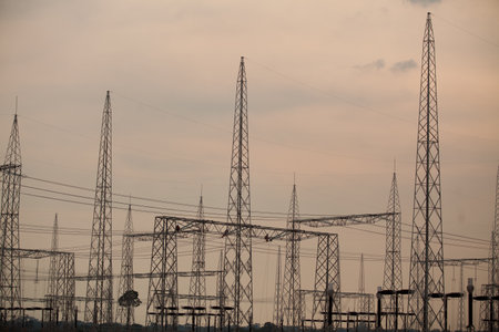 Industrial Power Lines and High Voltage Lines Electricity. high quality photoの写真素材