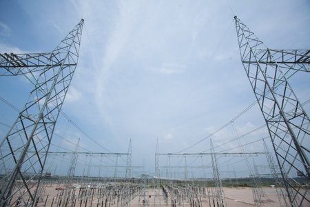 Industrial Power Lines and High Voltage Lines Electricity. high quality photoの写真素材