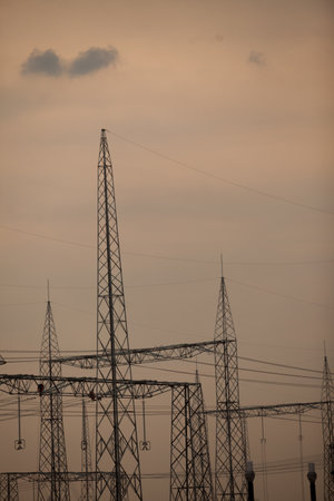 Industrial Power Lines and High Voltage Lines Electricity. high quality photoの写真素材